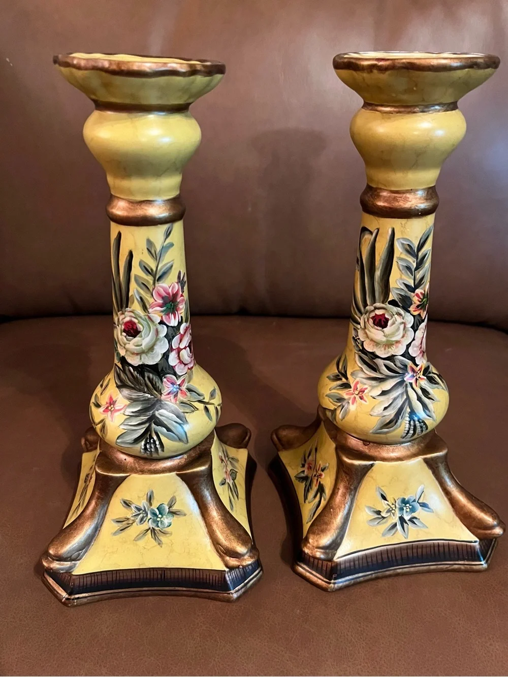 RARE FIND Hand-Painted Yellow Floral Candlestick Pair by Raymond Waites Studio